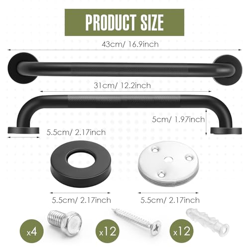 Yaocom 2 Pack Matte Black Shower Grab Bars 16 Inch Shower Safety Grab Bars Handles Replacement with Screws and Accessories 304 Stainless Steel Bathroom Handle for Handicap Elderly Senior Assist - Image 3