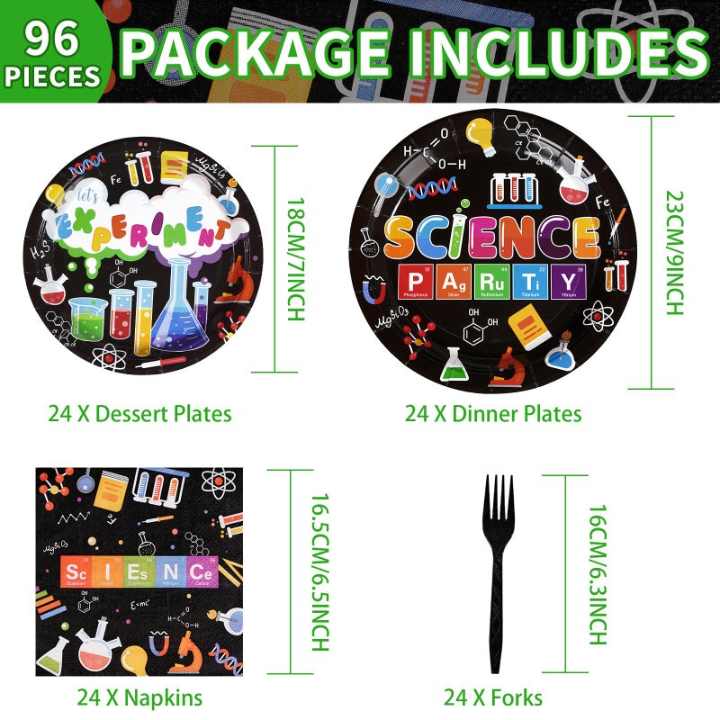 Grencian 96 Pcs Science Party Supplies 350 GSM Science Plates and Napkins Disposable Tableware Set Mad Scientist Dinnerware for Kids Little Scientist Decoration Favors Serves 24 - Image 1