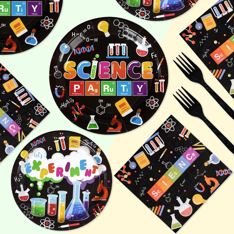 Grencian 96 Pcs Science Party Supplies 350 GSM Science Plates and Napkins Disposable Tableware Set Mad Scientist Dinnerware for Kids Little Scientist Decoration Favors Serves 24 - Image 4