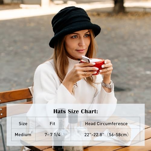 Comhats Winter Cloche Bucket Hat for Women Wool Elegant Dress 1920s Vintage Fedora Bowler Church Derby Party Ladies Medium Black - Image 2