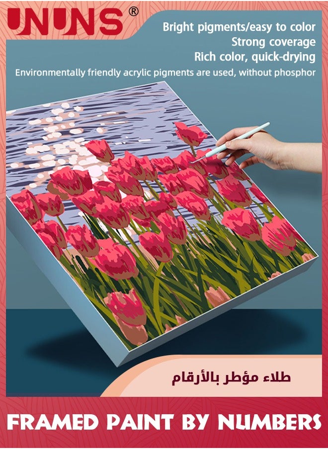 Framed Paint by Numbers Kit for Beginners,Flowers Acrylic Easy Paint by Number with Frame,Watercolor Paint by Number Kits On Canvas Framed (with Easel)