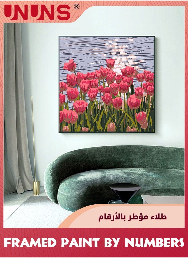 Framed Paint by Numbers Kit for Beginners,Flowers Acrylic Easy Paint by Number with Frame,Watercolor Paint by Number Kits On Canvas Framed (with Easel)