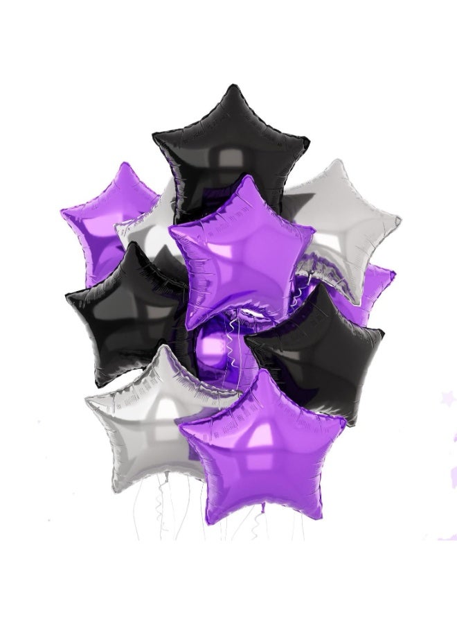 “18 Inch Star Foil Balloon Set – Purple, Silver & Black Balloons with White Ribbon & Straw for Birthday, Graduation, Halloween & Party Decorations (Pack of 14)” - Image 1