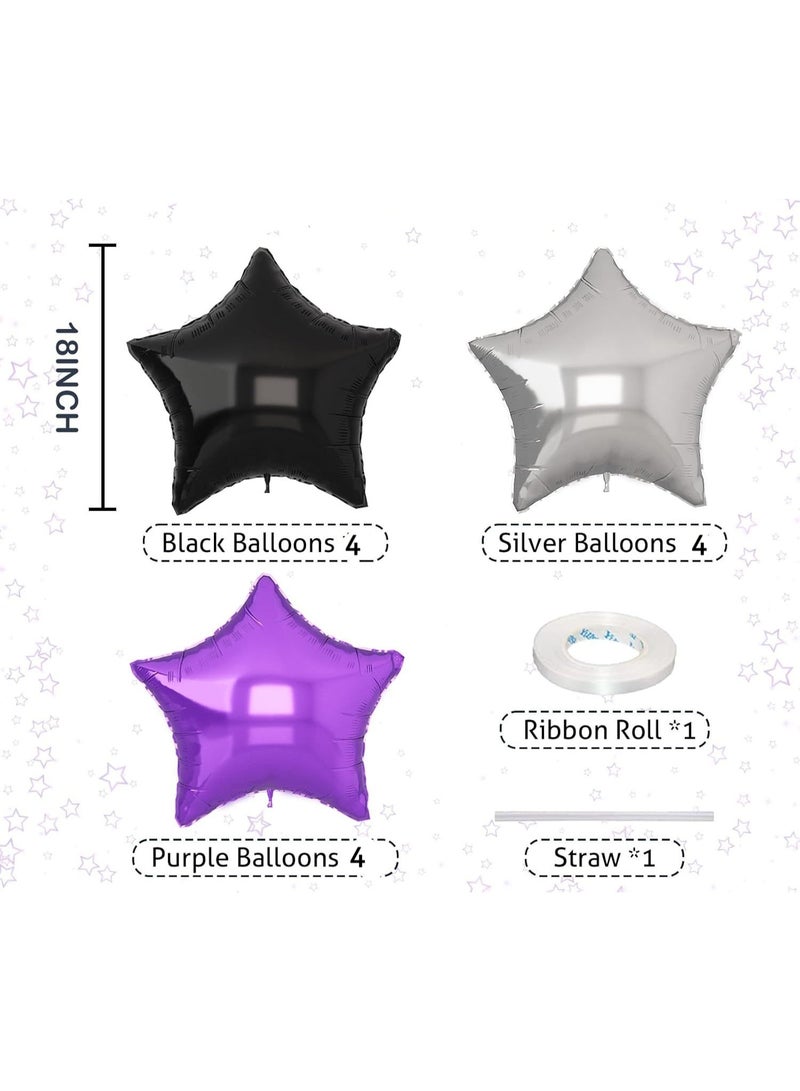 “18 Inch Star Foil Balloon Set – Purple, Silver & Black Balloons with White Ribbon & Straw for Birthday, Graduation, Halloween & Party Decorations (Pack of 14)” - Image 2