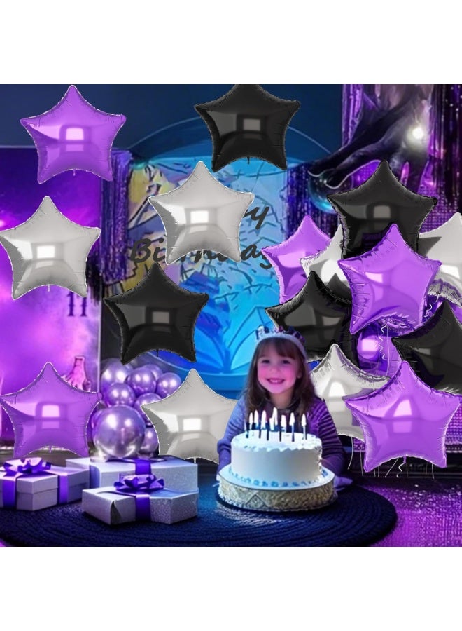 “18 Inch Star Foil Balloon Set – Purple, Silver & Black Balloons with White Ribbon & Straw for Birthday, Graduation, Halloween & Party Decorations (Pack of 14)” - Image 3