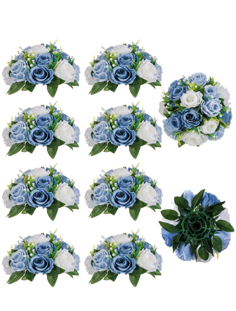 BLOSMON Flower Ball Centerpieces for Table 10 Pcs Fake Rose Centerpiece Flowers Dusty Blue Artificial Silk Floral Arrangement Center Piece Kissing Bouquet for Wedding Party Home Decor