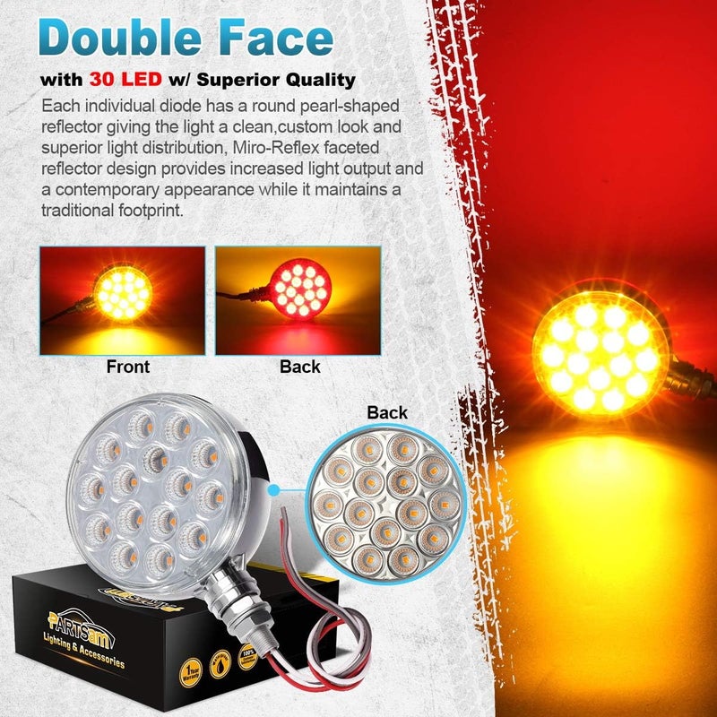 Partsam 2pc 3" Red/Amber Double Face Chrome Round Pedestal Lights 30 LED Sealed Clear Lens Fender Mount Stop Turn Tail Lights Replacement for Peterbilt/Freightliner Trucks Trailers, 10-30V - Image 4