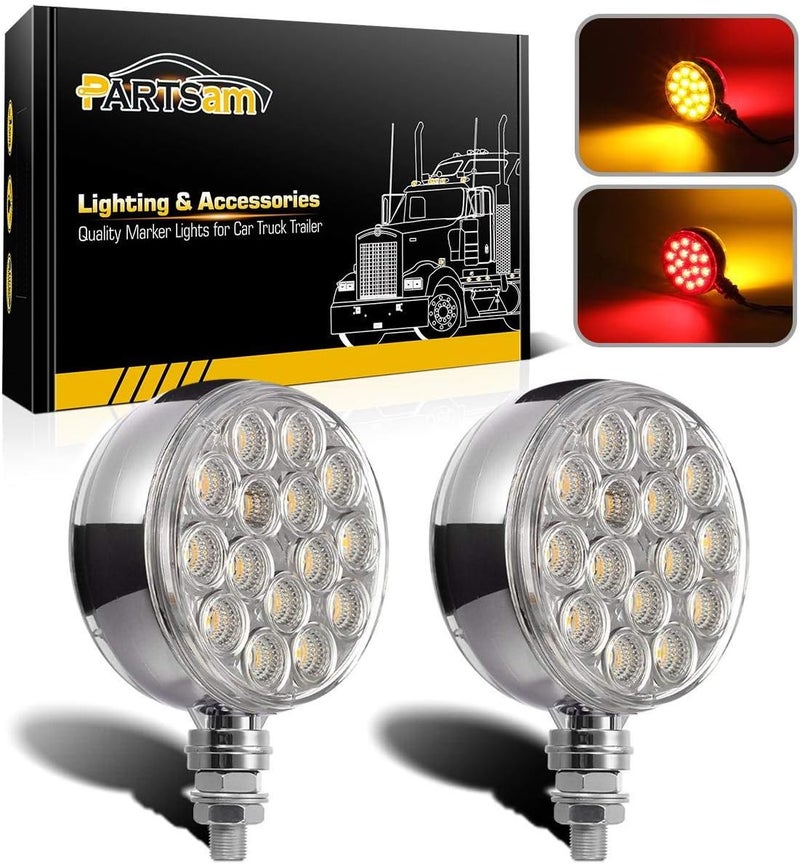 Partsam 2pc 3" Red/Amber Double Face Chrome Round Pedestal Lights 30 LED Sealed Clear Lens Fender Mount Stop Turn Tail Lights Replacement for Peterbilt/Freightliner Trucks Trailers, 10-30V - Image 1