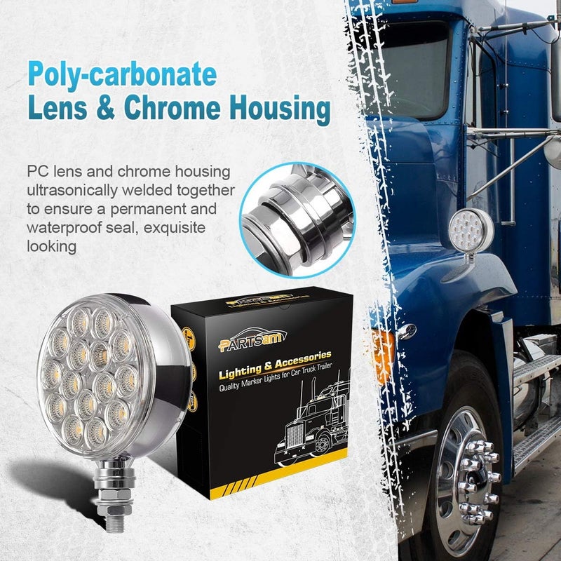 Partsam 2pc 3" Red/Amber Double Face Chrome Round Pedestal Lights 30 LED Sealed Clear Lens Fender Mount Stop Turn Tail Lights Replacement for Peterbilt/Freightliner Trucks Trailers, 10-30V - Image 3
