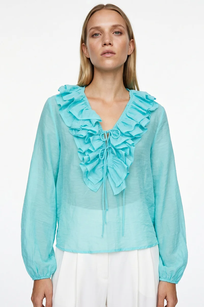 Exquise Regular Blouse with Decorative Stitching and Lace-up Detail at the Neckline