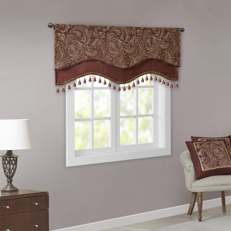 madison park Madison Park Faux Silk Paisley Jacquard Rod Pocket Curtain with Privacy Lining for Living Room Kitchen Bedroom and Dorm 50 in x 18 in Burgundy Bead Trim
