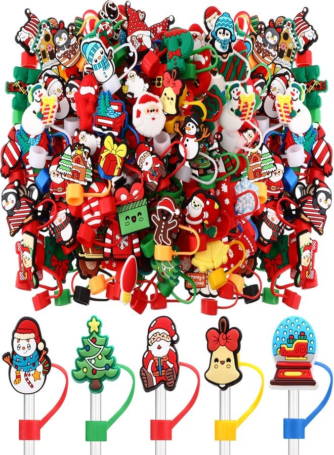 Reallnaive 64 Pcs Christmas Straw Cover Cap Christmas Straw Toppers with Handle for 9-10 mm Santa Xmas Tree Snowman Gingerbread Silicone Drinking Tip Covers for Tumblers Cup Gifts - Image 1
