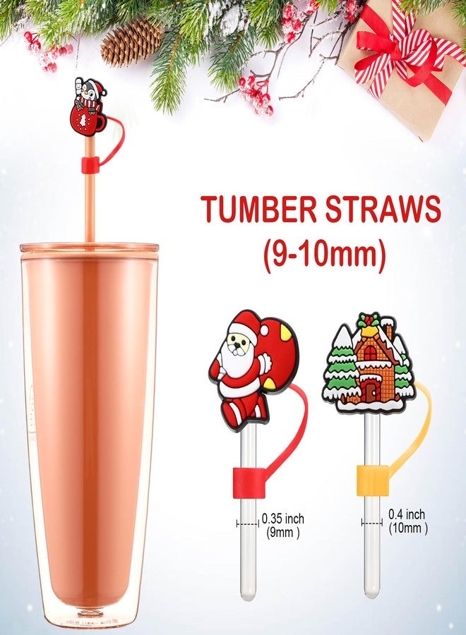 Reallnaive 64 Pcs Christmas Straw Cover Cap Christmas Straw Toppers with Handle for 9-10 mm Santa Xmas Tree Snowman Gingerbread Silicone Drinking Tip Covers for Tumblers Cup Gifts - Image 2
