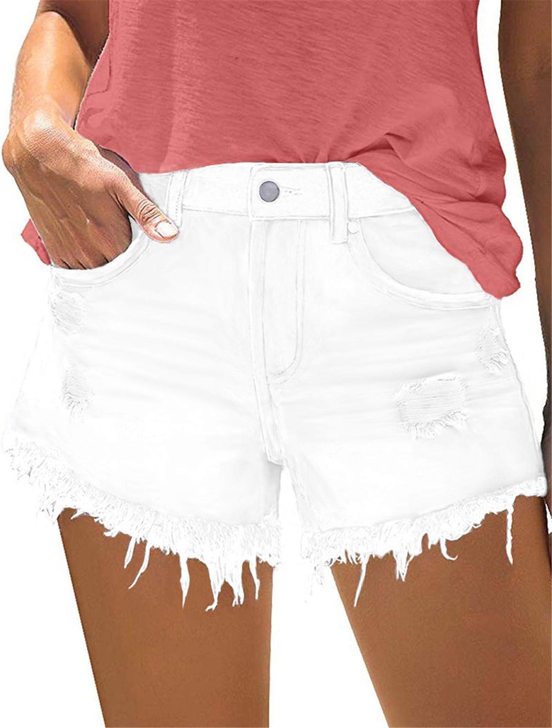 onlypuff Mid Rise Ripped Frayed Denim Shorts Vintage Jean Shorts with Pockets White L，. - Image 4