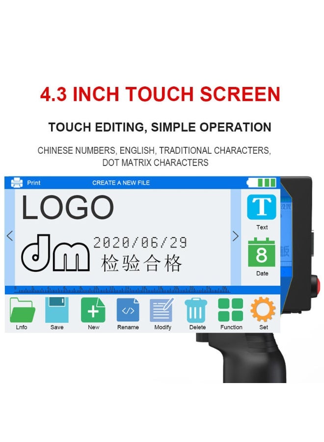 ديمين طابعة نفث حبر محمولة عالية الدقة باللغة العربية، للطباعة على مواد متعددة (الخشب، المعدن، البلاستيك، الكرتون)، بدقة 600 DPI، شاشة لمس 4.3 بوصة، ارتفاع الطباعة حوالي 50 مم، تدعم طباعة رمز QR والأرقام التسلسلية، تدعم 25 لغة - Image 5
