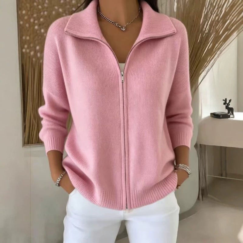 سترة كارديغان نسائية محبوكة بسحاب وقلابة - Image 1