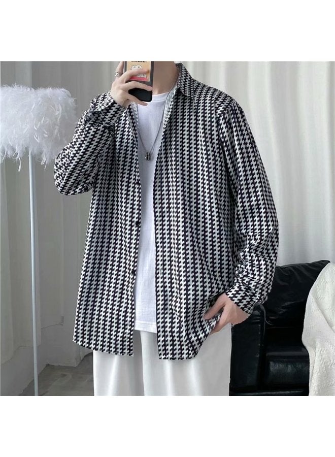 Houndstooth Jacket For Men, Spring And Winter Trendy Brand, Plaid Shirt, Long-sleeve Shirt, Oversized Inner Wear