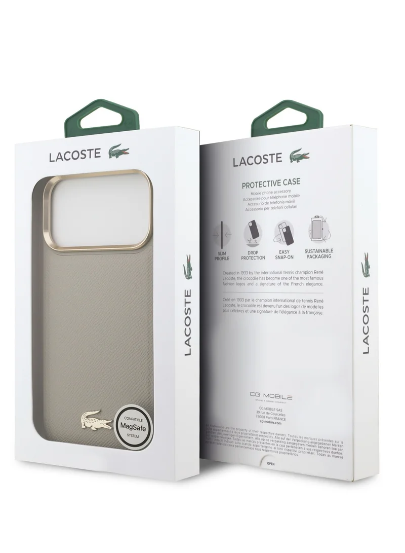 LACOSTE MagSafe PU Leather Hard Case for iPhone 17 Pro with Croco Pin Logo / Drop Protection / Slim Profile / Easy Snap-On / Sustainable Packaging - Beige
