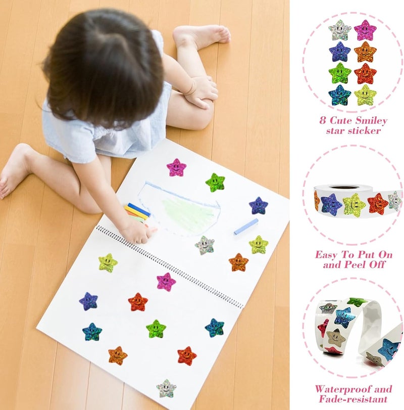 XITDW 700Pcs Smiley Face Star Stickers for Kids Reward,1inch 8 Colored Sparkly Foil Star Stickers for Student Planner and School Classroom Teacher Supplies 3.15inch in Diameter per roll(8cm) High precision lightweight material - Image 4