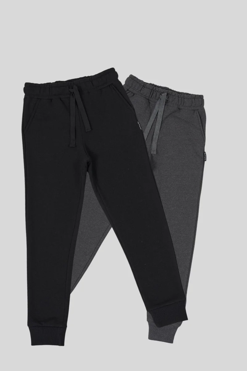 ميتاليك Black-Anthracite Thick Cotton Elastic Waist and Leg Pocket 2-Pack Girls Tracksuit Bottoms