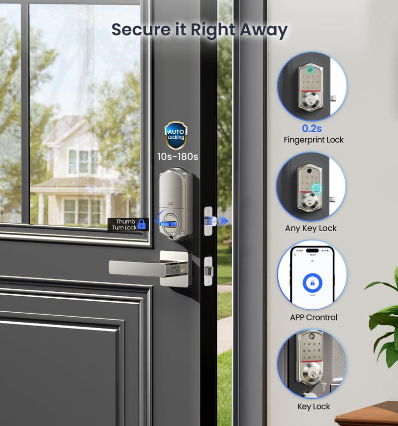 Veise VE017-H Fingerprint Smart Front Door Lock Set, App Control, Keyless Entry Deadbolt with Handle, Smart Deadbolt, Emergency Power Port, Touchscreen Keypad, Auto Lock, Easy Install, Satin Nickel - Image 5