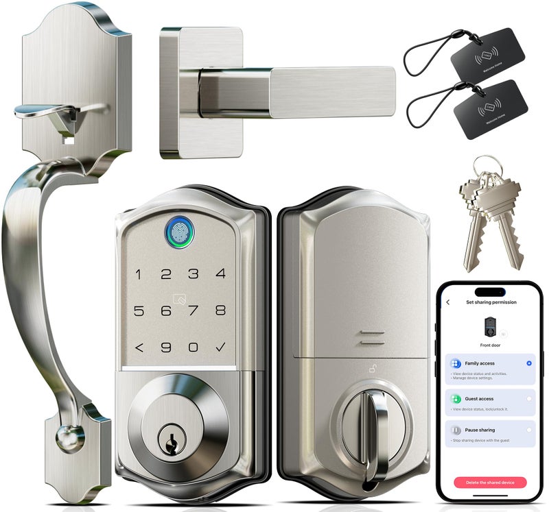 Veise VE017-H Fingerprint Smart Front Door Lock Set, App Control, Keyless Entry Deadbolt with Handle, Smart Deadbolt, Emergency Power Port, Touchscreen Keypad, Auto Lock, Easy Install, Satin Nickel - Image 1