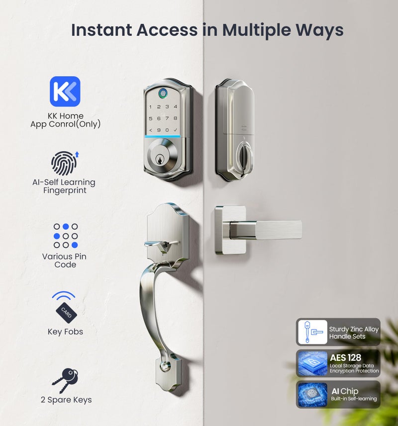 Veise VE017-H Fingerprint Smart Front Door Lock Set, App Control, Keyless Entry Deadbolt with Handle, Smart Deadbolt, Emergency Power Port, Touchscreen Keypad, Auto Lock, Easy Install, Satin Nickel - Image 3