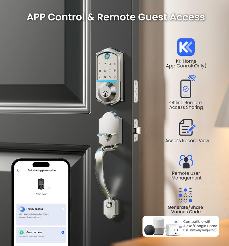 Veise VE017-H Fingerprint Smart Front Door Lock Set, App Control, Keyless Entry Deadbolt with Handle, Smart Deadbolt, Emergency Power Port, Touchscreen Keypad, Auto Lock, Easy Install, Satin Nickel - Image 2