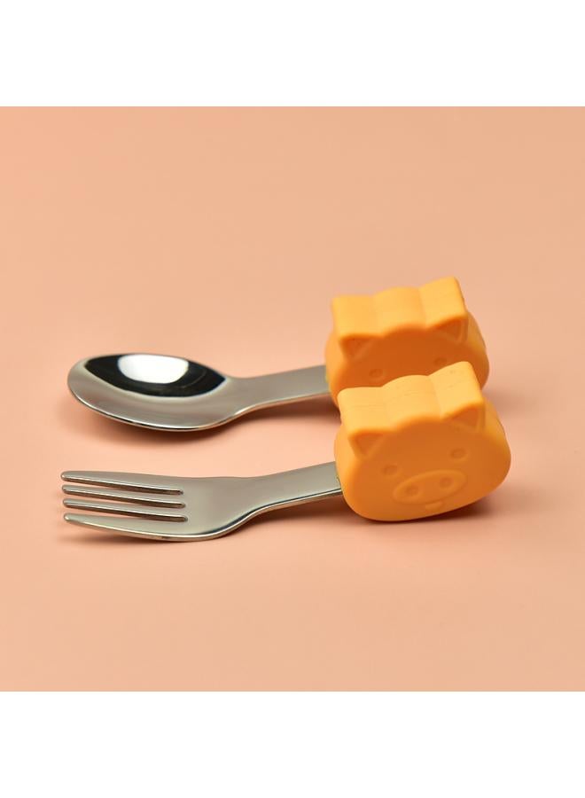 Hippo Baby Baby Learning To Eat Training Fork Spoon Short Handle Stainless Steel Tableware Children's Silicone Complementary Food Complementary Food Fork Spoon 