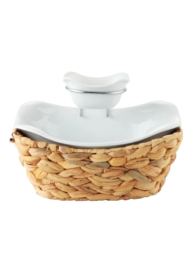 Bien Servi 3-Piece 2-Tier Salad Bowl with Rattan Basket White and Brown 26.6 x 17.5 x 20 cm HG1106-PL-H
