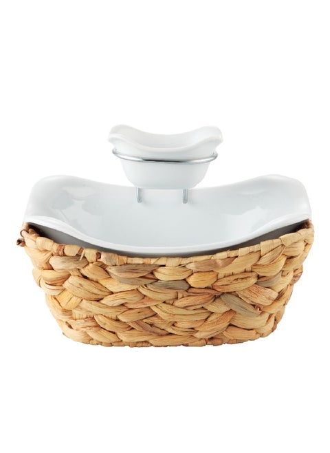 2-Piece 2-Tier Salad Bowl with Rattan Basket White and Brown 27.3 x 12.5 x 20.3 cm HG1106-PL-H