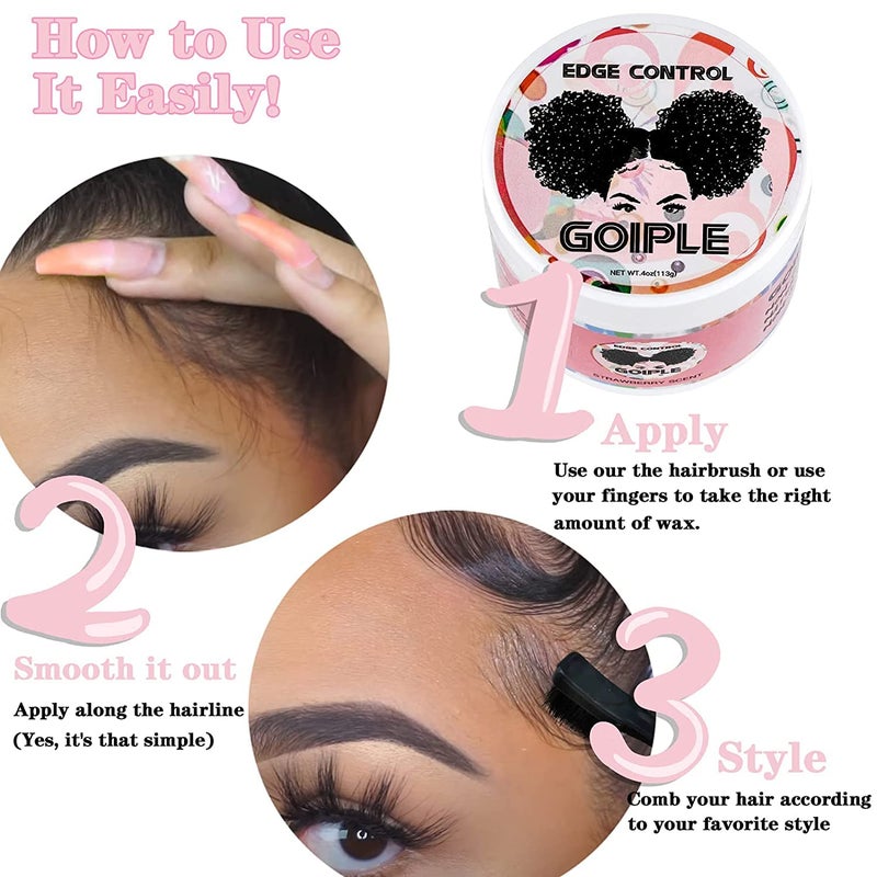 Goiple Edge Control Wax for Women Strong Hold Non-greasy Edge Smoother Strawberry Scent (4oz Edge Control Wax + Edge Brushes*2 + Pink Elastic Bands*2) - Image 3