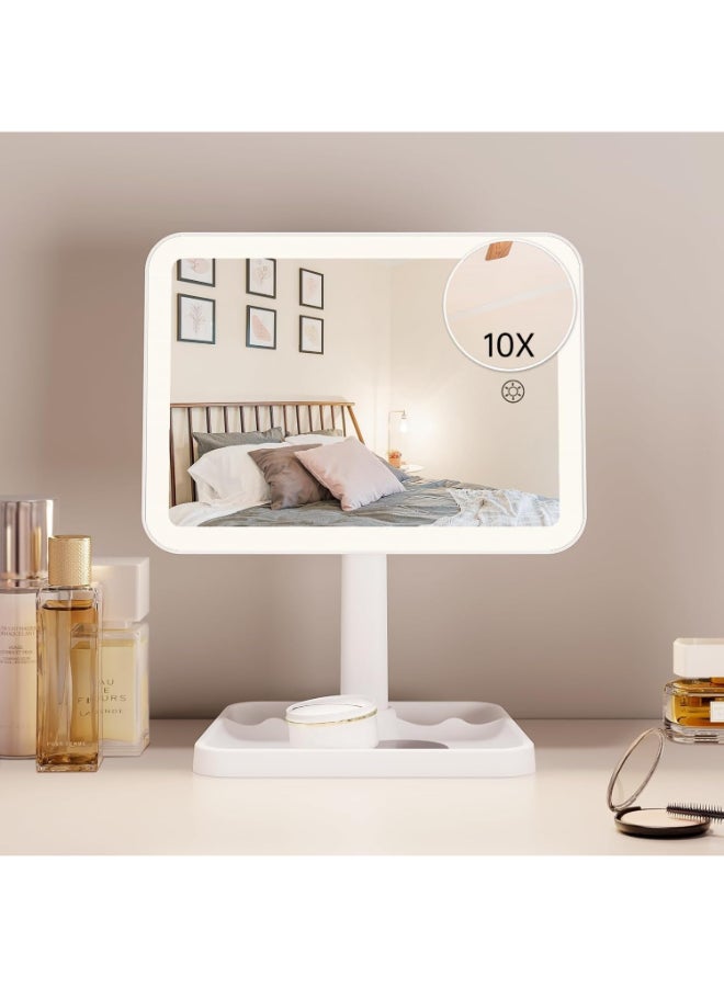 FUNTOUCH Rechargeable Lighted Mirrors for Makeup 2000mAh 10X Magnification3 Color Lighting Portable Tabletop Cosmetic Make Up Mirror 360 Rotation Led Light up Mirrors with StorageWhite - Image 2