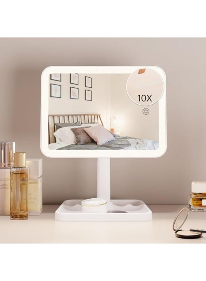 FUNTOUCH Rechargeable Lighted Mirrors for Makeup 2000mAh 10X Magnification3 Color Lighting Portable Tabletop Cosmetic Make Up Mirror 360 Rotation Led Light up Mirrors with StorageWhite - Image 1