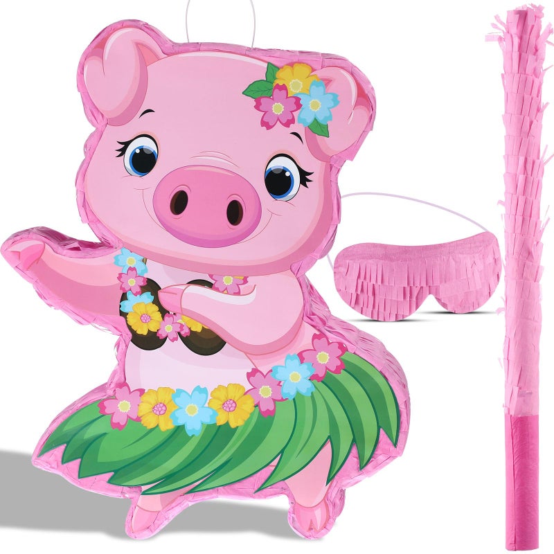 Threan Small Pig Piata Aloha Luau Party Decorations Pink Pig Piata with Blindfold Stick for Hawaii Summer Tiki Tropical Themed Birthday Party Supplies 165 x 124 x 31 Inch - Image 2