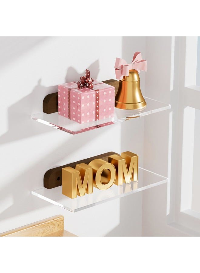 QsQueen Small Acrylic Floating Shelf for Wall, Clear Acrylic Wall Shelf with Solid Wood Base, Thick Minimalist Display Shelf for Bathroom, Bedroom,Plants, Perfume, Nail Polish,Living Room & Decor - Image 1