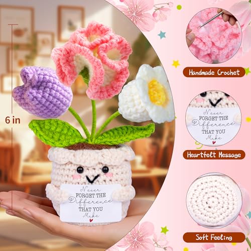 Qunland Teacher Appreciation Gifts, Thank You Teacher Gifts, Graduation Birthday Retirement Gift for Teachers Mentor Coworker Boss, Cute Handmade Crochet Carnations 3 Flowers Pot Doll Teacher's Day Bulk Gift - Image 5