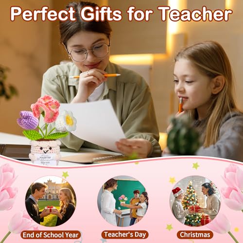 Qunland Teacher Appreciation Gifts, Thank You Teacher Gifts, Graduation Birthday Retirement Gift for Teachers Mentor Coworker Boss, Cute Handmade Crochet Carnations 3 Flowers Pot Doll Teacher's Day Bulk Gift - Image 4