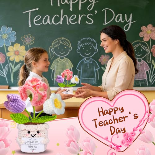 Qunland Teacher Appreciation Gifts, Thank You Teacher Gifts, Graduation Birthday Retirement Gift for Teachers Mentor Coworker Boss, Cute Handmade Crochet Carnations 3 Flowers Pot Doll Teacher's Day Bulk Gift - Image 2