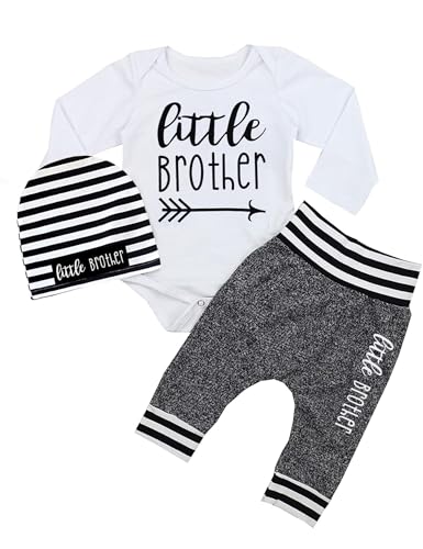 Fommy Baby Boy Clothes 3-6 Months Infant Boys Outfits Little Brother Letter Print Long Sleeve Romper Pants+Stripe Hat 3PCS Baby Boy Outfits 3-6 months - Image 1