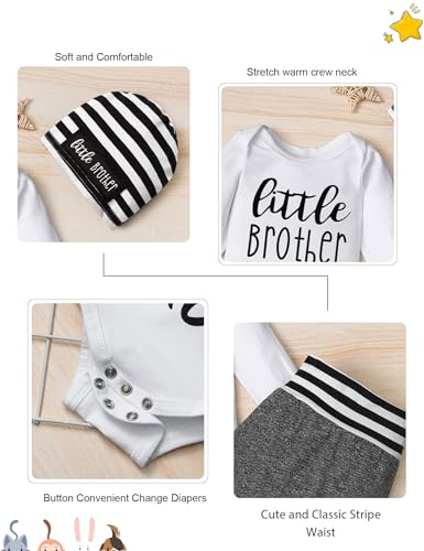 Fommy Baby Boy Clothes 3-6 Months Infant Boys Outfits Little Brother Letter Print Long Sleeve Romper Pants+Stripe Hat 3PCS Baby Boy Outfits 3-6 months - Image 4