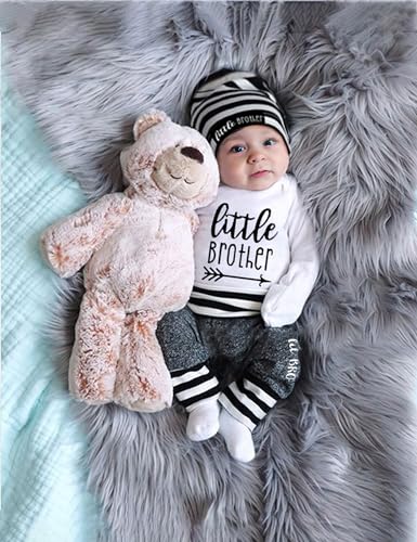 Fommy Baby Boy Clothes 3-6 Months Infant Boys Outfits Little Brother Letter Print Long Sleeve Romper Pants+Stripe Hat 3PCS Baby Boy Outfits 3-6 months - Image 3