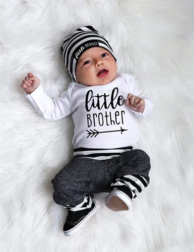 Fommy Baby Boy Clothes 3-6 Months Infant Boys Outfits Little Brother Letter Print Long Sleeve Romper Pants+Stripe Hat 3PCS Baby Boy Outfits 3-6 months - Image 2