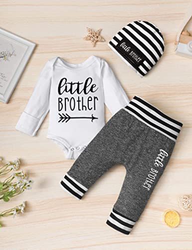 Fommy Baby Boy Clothes 3-6 Months Infant Boys Outfits Little Brother Letter Print Long Sleeve Romper Pants+Stripe Hat 3PCS Baby Boy Outfits 3-6 months - Image 5