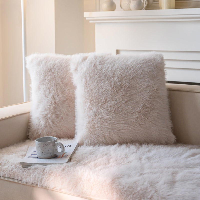 Neelvin Beige فو فرو دافئ ناعم مزخرف وسادة رمي الزخرفة الأغطية 18x18 بوصة مجموعة 2 حالة وسادة وسادة مخملية لأريكة أريكة الأريكة - Image 1