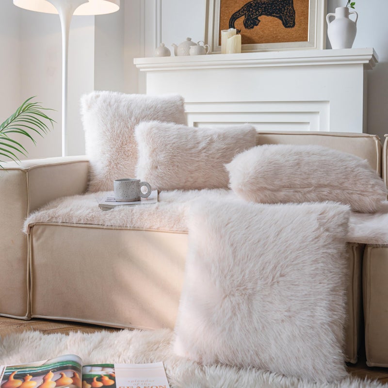 Neelvin Beige فو فرو دافئ ناعم مزخرف وسادة رمي الزخرفة الأغطية 18x18 بوصة مجموعة 2 حالة وسادة وسادة مخملية لأريكة أريكة الأريكة - Image 3