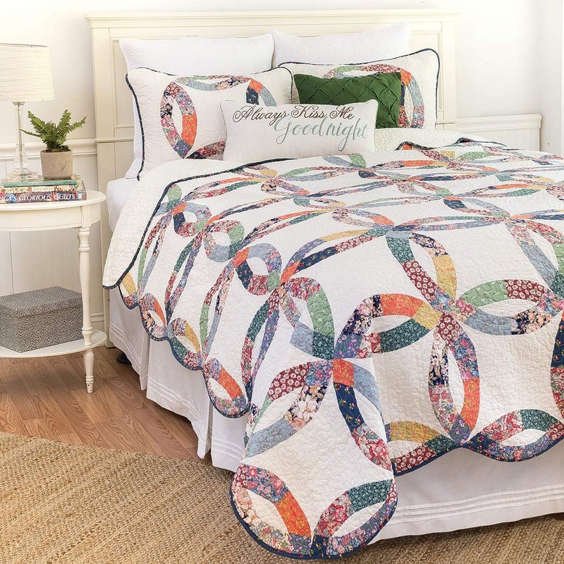C&F Home CF Home 90 x 90 Heritage Double Wedding Ring Patchwork Premium 3Piece Cotton FullQueen Bedding Set All Seasons Luxury Vintage Machine Washable Reversible Lightweight Quilt Bed Bedroom Anniversary 
