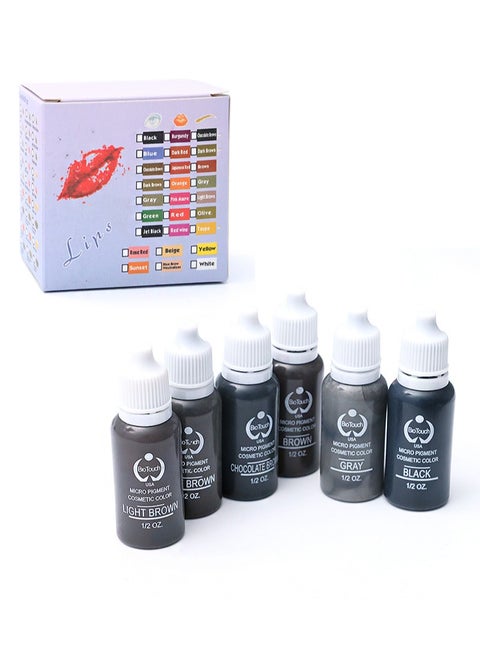 6-Color 6-Bottle SET Pigment Color Permanent Eyebrow Makeup Microblading Micropigmentation Cosmetic Tattoo Ink Ombre Feathering Hair Stroke Technique 1/2OZ Each