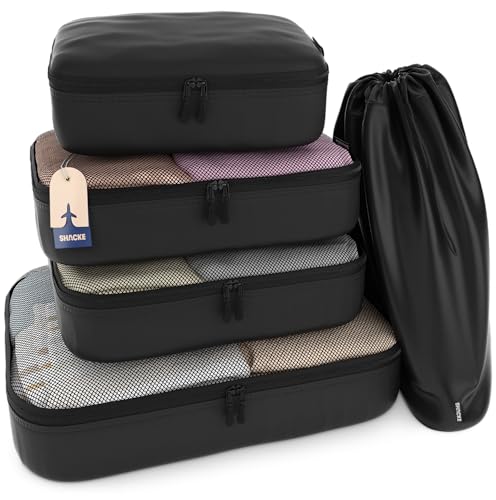 Shacke Premium 5 Packing Cubes Set - Lightweight Mesh Travel Luggage Organizers with Laundry Bag, 5-Piece Suitcase Storage System (Air Black) - Image 1