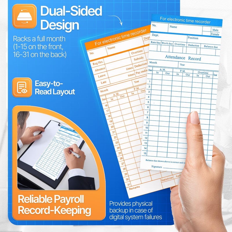 Flexzion Monthly Time Cards for Employees - Dual-Sided, Orange/Blue Attendance Tracker, 270-Piece Time Sheets Compatible with 6-Column Time Clock Recorders for Businesses - Image 4